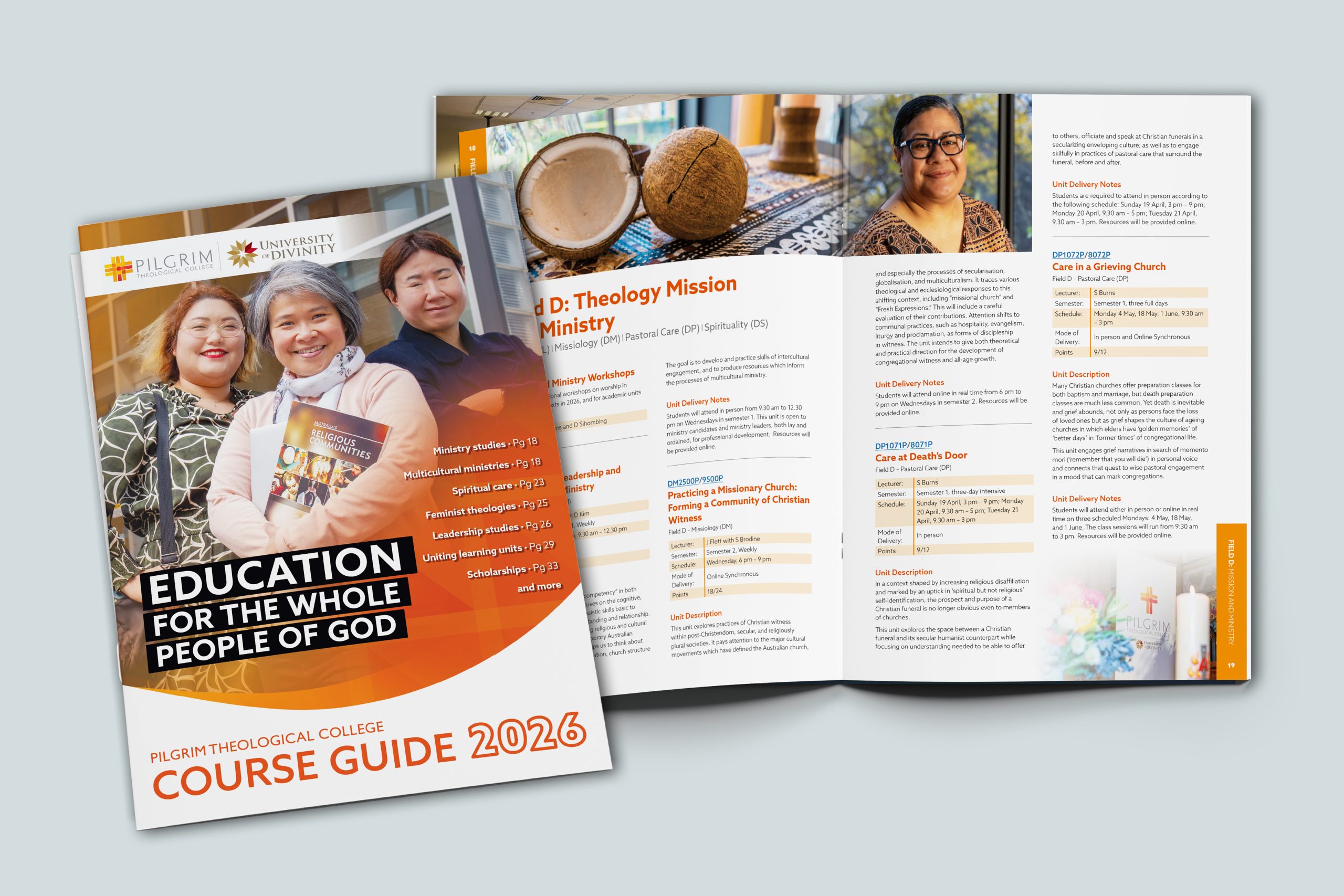 A preview of the 2026 Pilgrim Course Guide. The left shows the cover with three diverse students standing in front of Pilgrim Theological College; the cover includes insights and the tagline ‘Education for the whole people of God.’ The right shows a preview of the inside, featuring subjects such as Care in a Grieving Church.