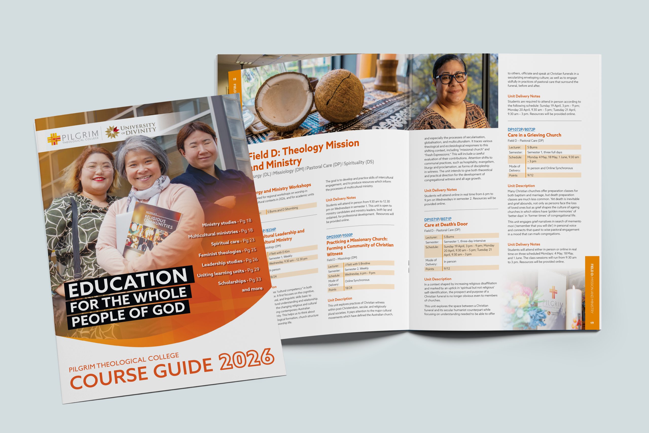 Course Guide Preview A preview of the 2026 Pilgrim Course Guide. The left shows the cover with three diverse students standing in front of Pilgrim Theological College; the cover includes insights and the tagline ‘Education for the whole people of God.’ The right shows a preview of the inside, featuring subjects such as Care in a Grieving Church.