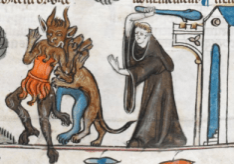 a devil figure being beaten by a monk with a stick